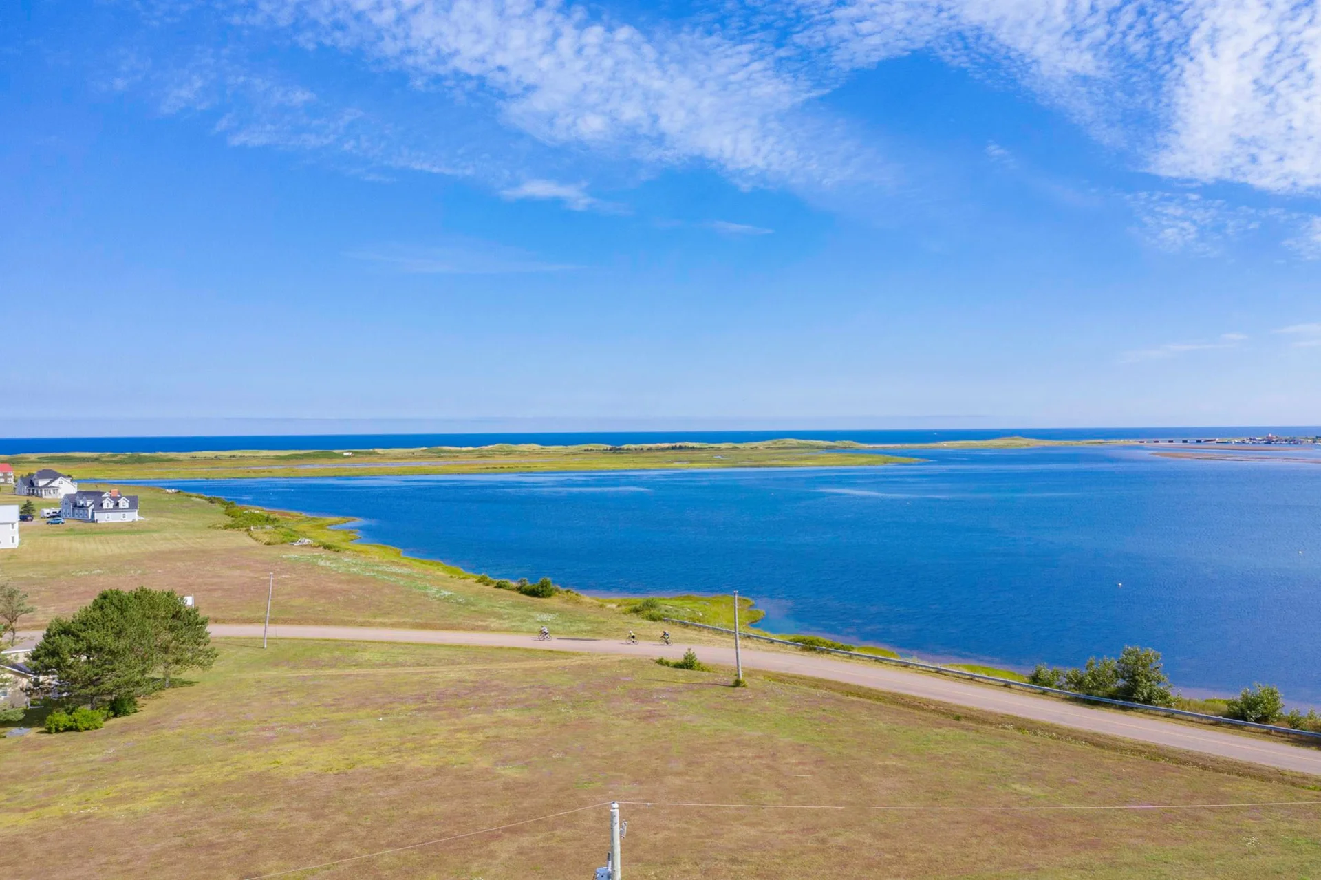 Aerial view of the coastline and blue water at Covehead
