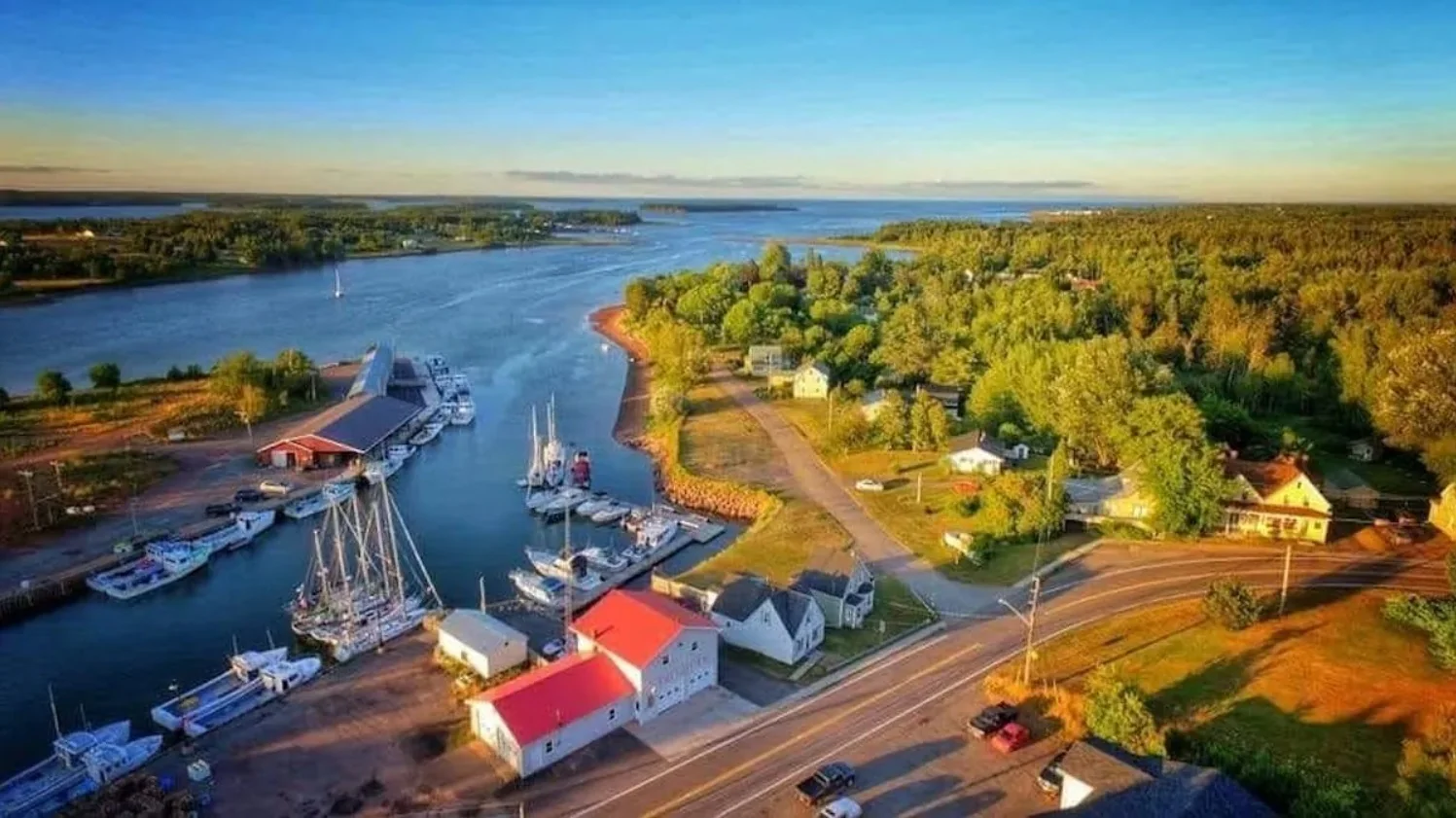 Aerial view of colourful waterfront buildings