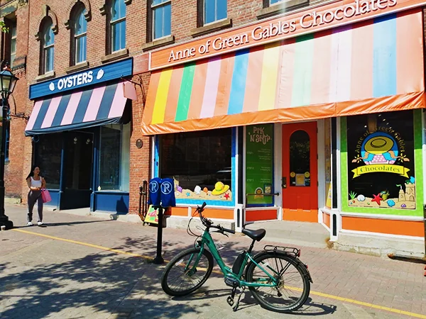 Bicycles outside colourful Charlottetown storefronts