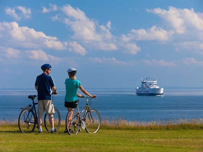 Two cyclists watching a ferry from the shore