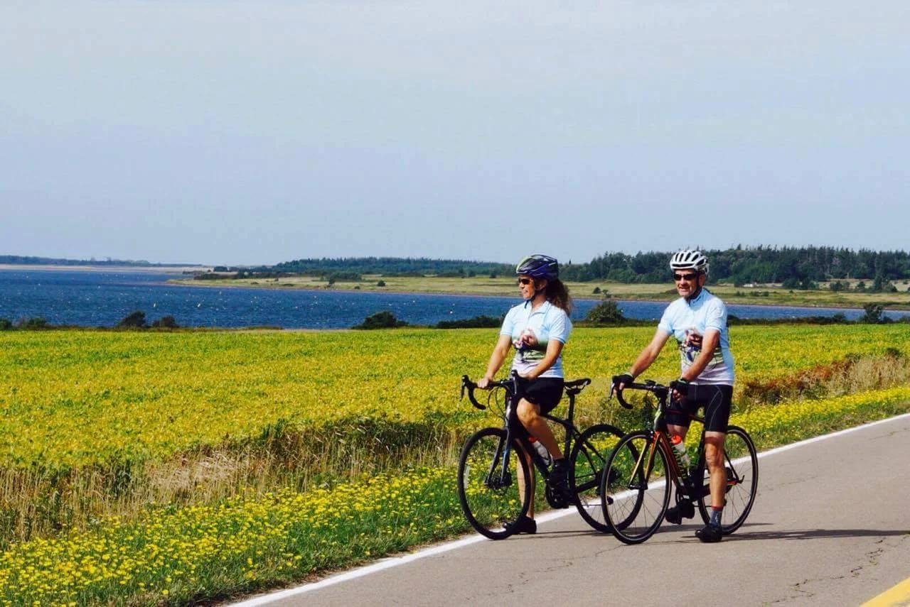 Two cyclists overlooking countryside