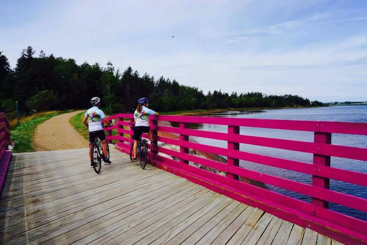 Cyclists crossing a pink waterside bridge