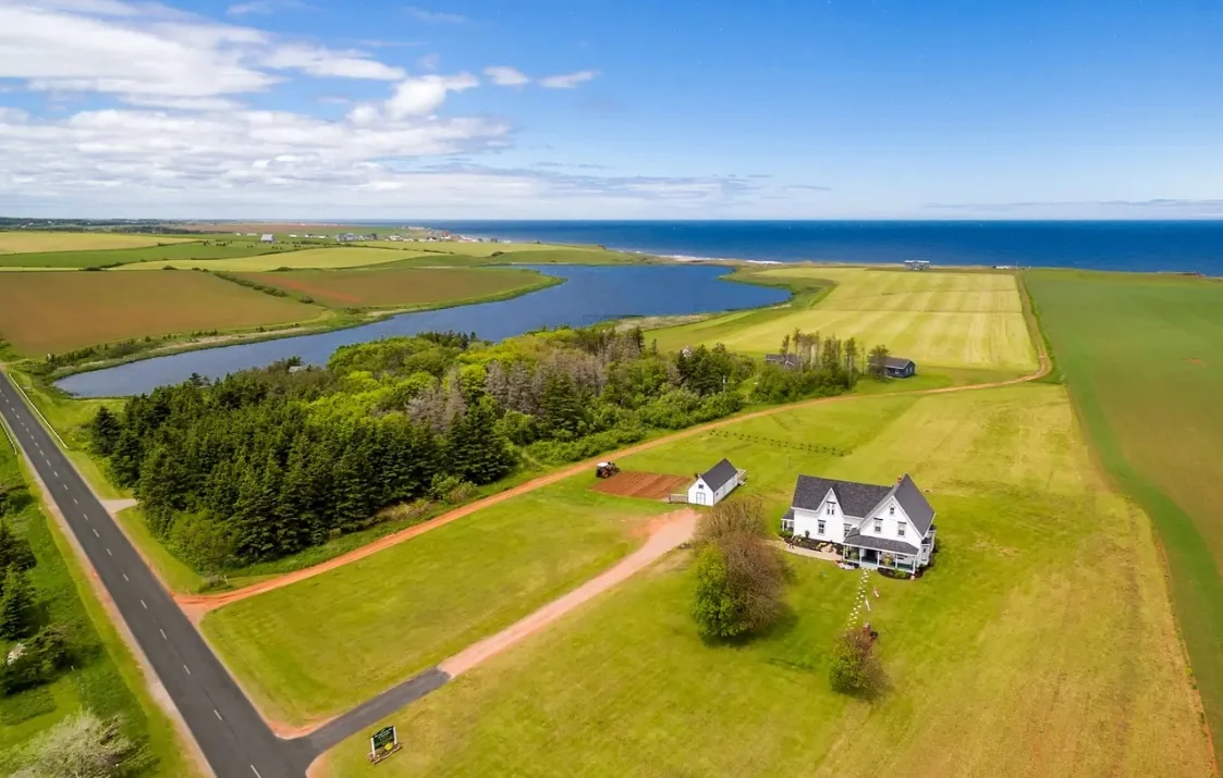 Aerial view of farmland beside a coastal inlet